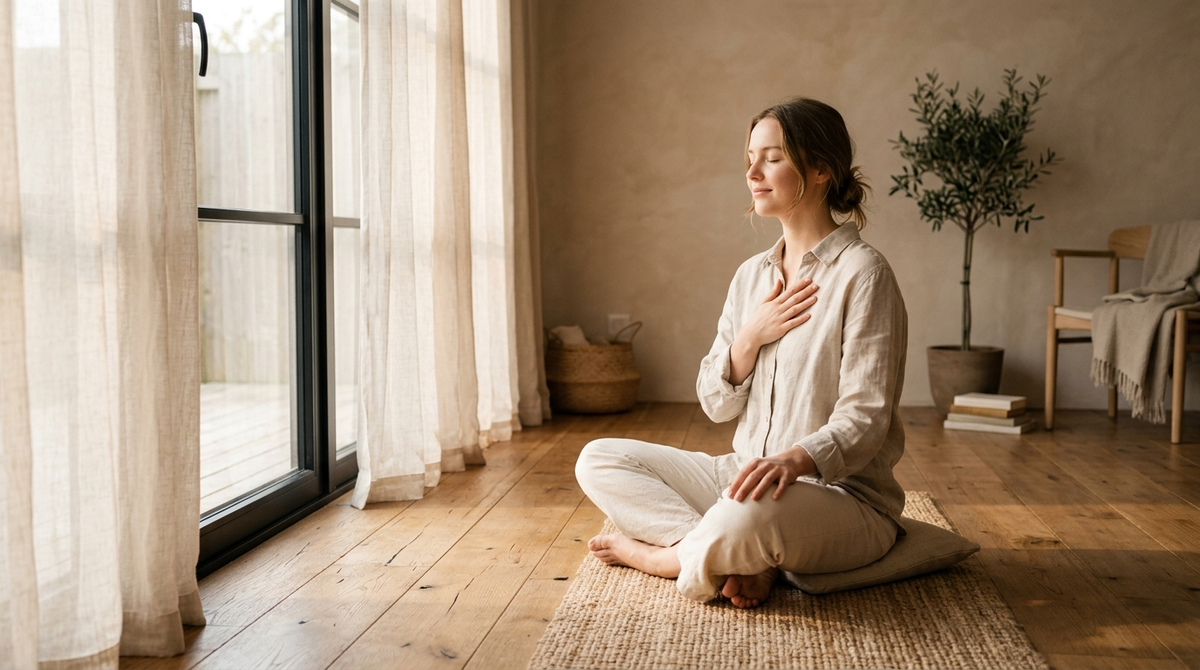 Person sitting peacefully by a window with hand on chest in deep breathing pose, activating the passive (parasympathetic) nervous system