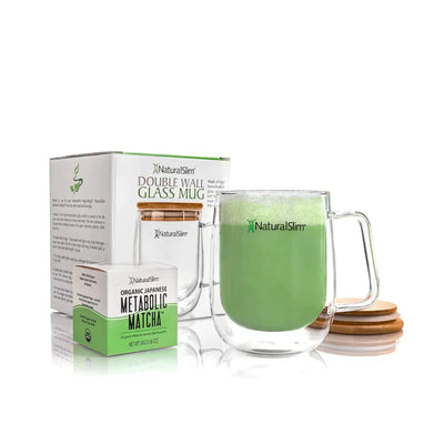 Metabolic Matcha and NaturalSlim Double Wall Glass Cup - complete kit contents